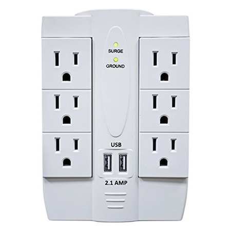 Electriduct Outlet Tap, Surge, Swivel, USB, 2 USB/6 Outlet(s) White PDC-SWIVEL-6P-2U-WT